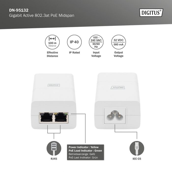 PoE-Інжектор DIGITUS PoE+ 802.3at, 10/100/1000 Mbps, Output max. 48V, 30W, білий