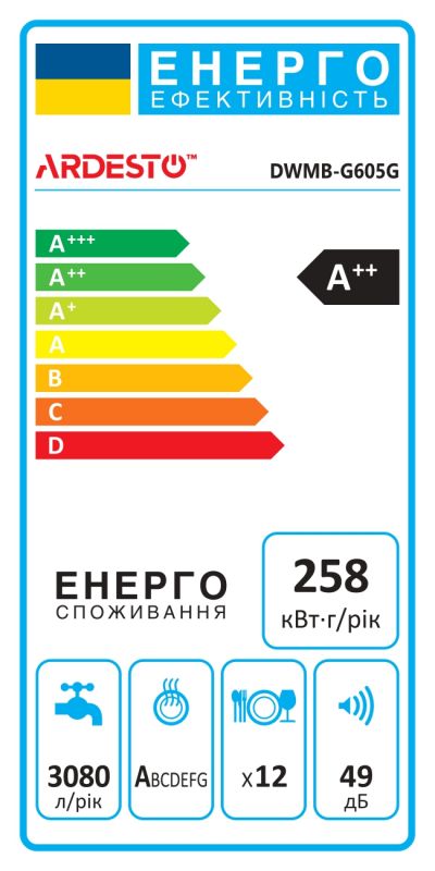 Посудомийна машина ARDESTO вбудовувана, 12 компл., А++, 60см, кнопкове кер., промінь, 5програм, сірий