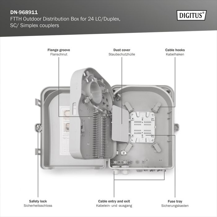 Розподільча коробка DIGITUS Outdoor FTTH, 24x SC/SX or LC/DX adapters, 24 splices
