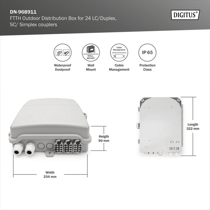 Розподільча коробка DIGITUS Outdoor FTTH, 24x SC/SX or LC/DX adapters, 24 splices