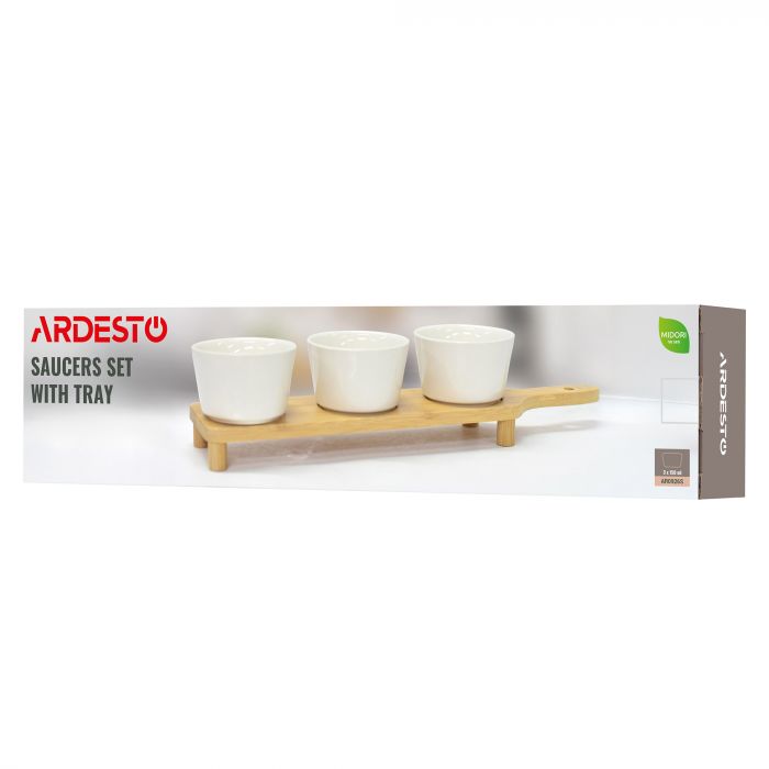 Набір соусників на підставці ARDESTO Midori, 3шт., 150мл, порцеляна, бамбук