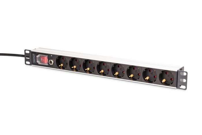 Пристрій розподілу електроживлення DIGITUS 1U, 8xSchuko, 16A, 250V, вимикач, запобіжник, вилка Schuko
