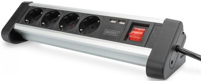 Блок розеток DIGITUS Office, 4xSchuko 16A, 2xUSB 2A, вимикач, 1.5м, вилка Schuko