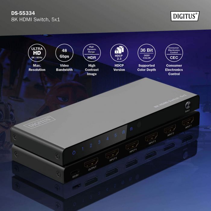 Відеокомутатор DIGITUS UHD HDMI (INx5 - OUTx1), 8K
