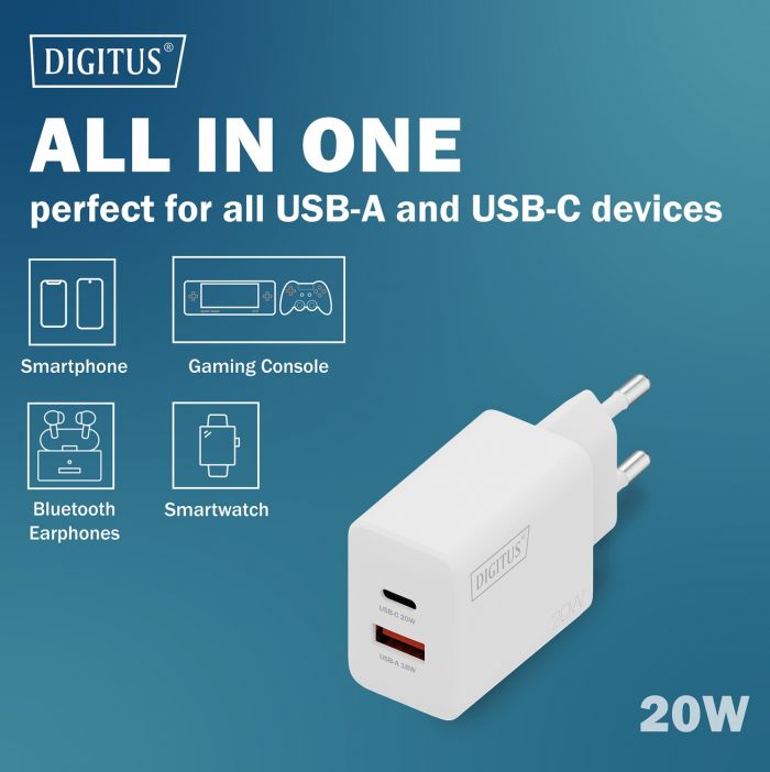 Зарядний пристрій DIGITUS 1хUSB-C, 1хUSB-A, 20W