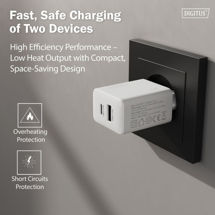 Зарядний пристрій DIGITUS 1хUSB-C, 1хUSB-A, 20W