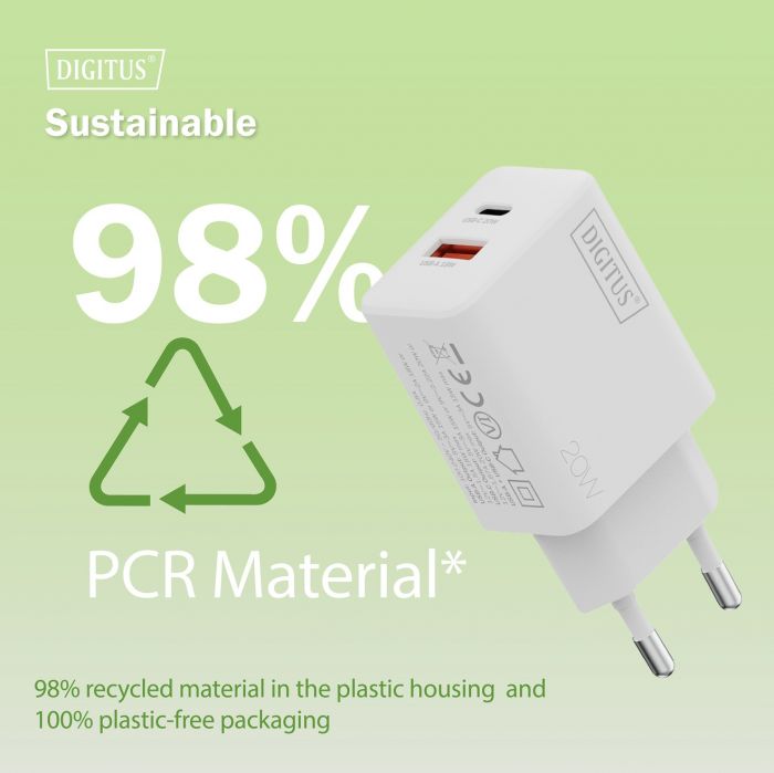 Зарядний пристрій DIGITUS 1хUSB-C, 1хUSB-A, 20W