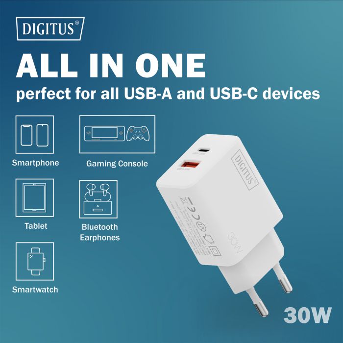 Зарядний пристрій DIGITUS GaN 1хUSB-C, 1хUSB-A, 30W