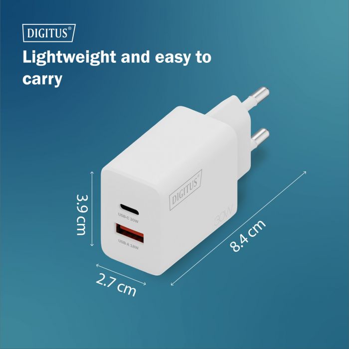 Зарядний пристрій DIGITUS GaN 1хUSB-C, 1хUSB-A, 30W