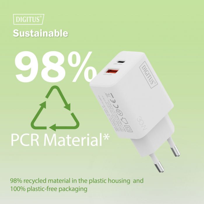 Зарядний пристрій DIGITUS GaN 1хUSB-C, 1хUSB-A, 30W