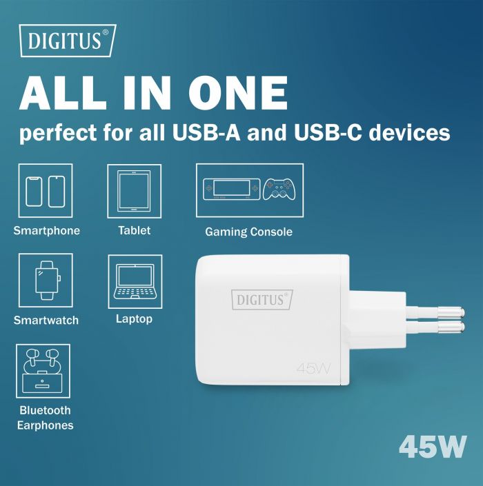 Зарядний пристрій DIGITUS GaN 1хUSB-C, 1хUSB-A, 45W