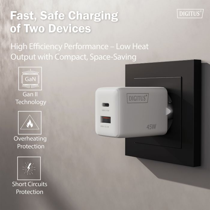 Зарядний пристрій DIGITUS GaN 1хUSB-C, 1хUSB-A, 45W