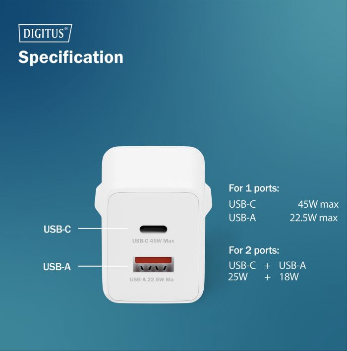 Зарядний пристрій DIGITUS GaN 1хUSB-C, 1хUSB-A, 45W