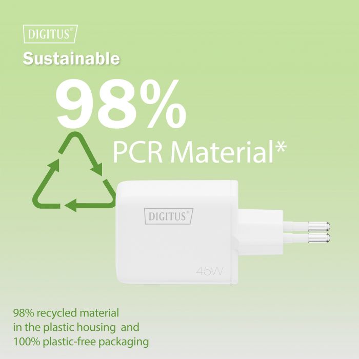 Зарядний пристрій DIGITUS GaN 1хUSB-C, 1хUSB-A, 45W