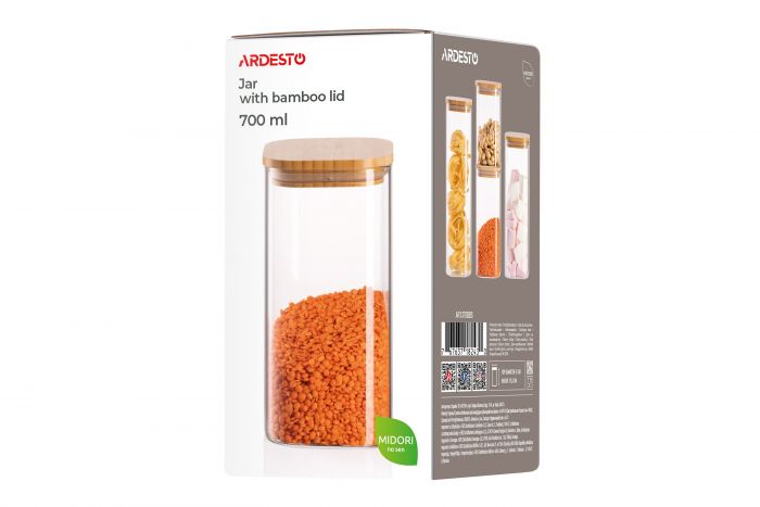 Банка для зберігання ARDESTO Midori 700мл, скло, бамбук, квадратна, прозорий