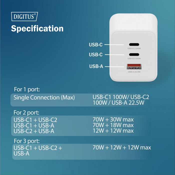 Зарядний пристрій DIGITUS GaN 2хUSB-C, 1хUSB-A, 100W