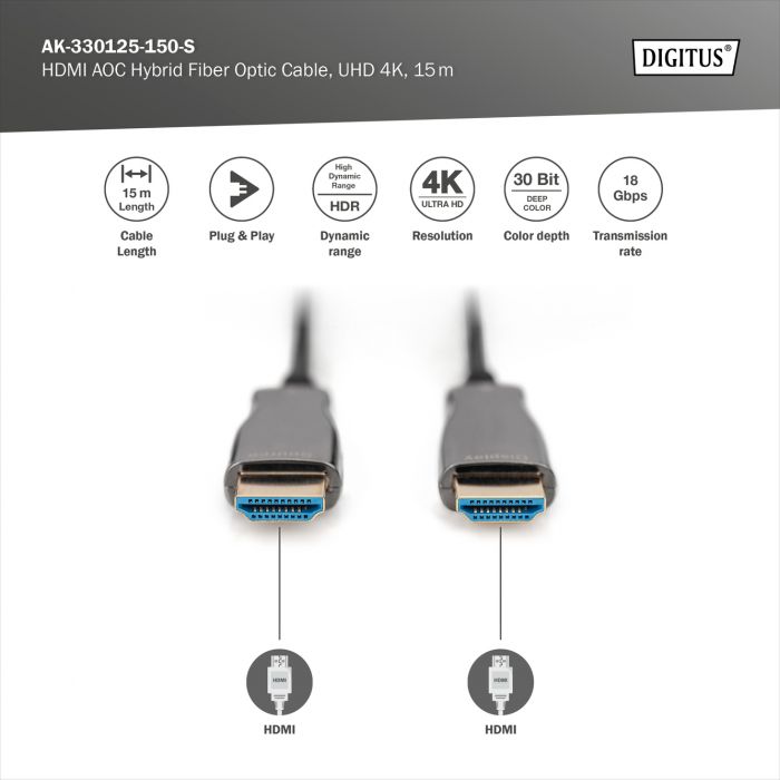 Кабель DIGITUS HDMI UHD 4K, AOC hybrid-fiber, type A M/M, 15м, чорний