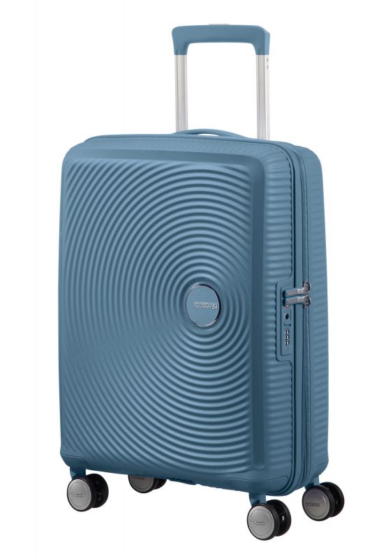 Валіза American Tourister, Soundbox, поліпропілен, мала, 55см, 35.5/41л, TSA, 4 колеса, EXP, сіро-синій