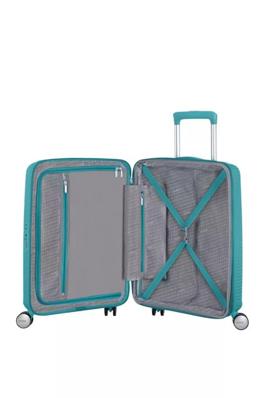 Валіза American Tourister, Soundbox, поліпропілен, мала, 55см, 35.5/41л, TSA, 4 колеса, EXP, бірюзовий