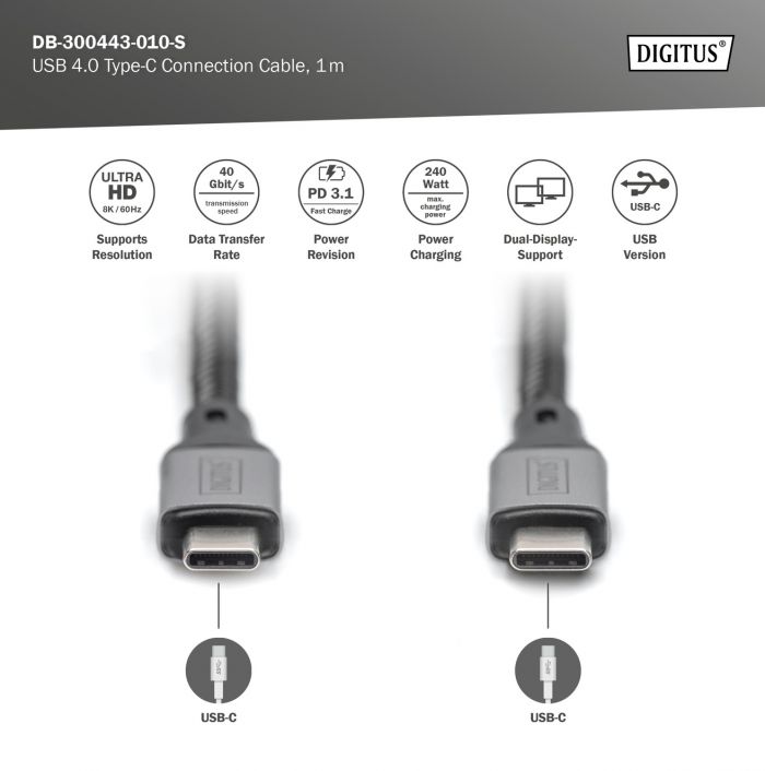 Кабель DIGITUS USB 4.0 (Type-C/Type-C) 1м, чорний