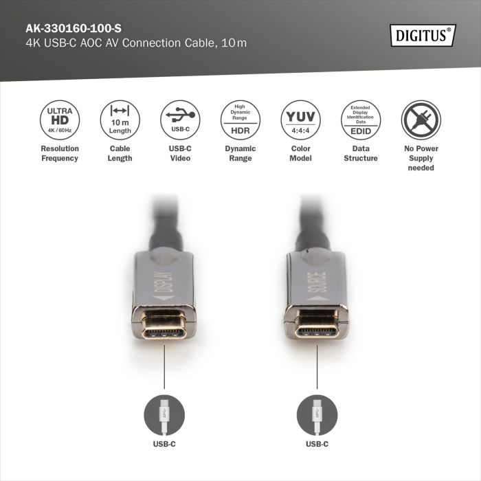 Кабель DIGITUS USB-C UHD 4K, AOC hybrid-fiber, type C M/M, 10м, чорний