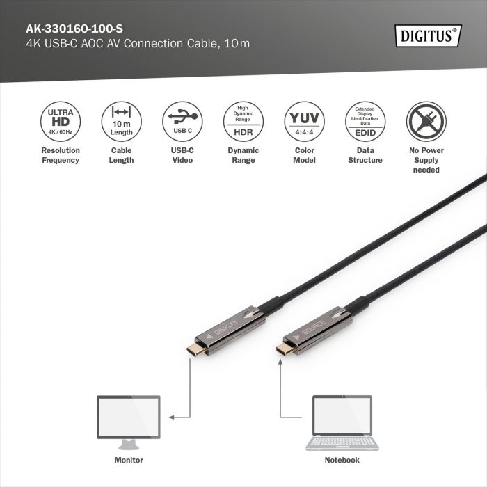 Кабель DIGITUS USB-C UHD 4K, AOC hybrid-fiber, type C M/M, 10м, чорний