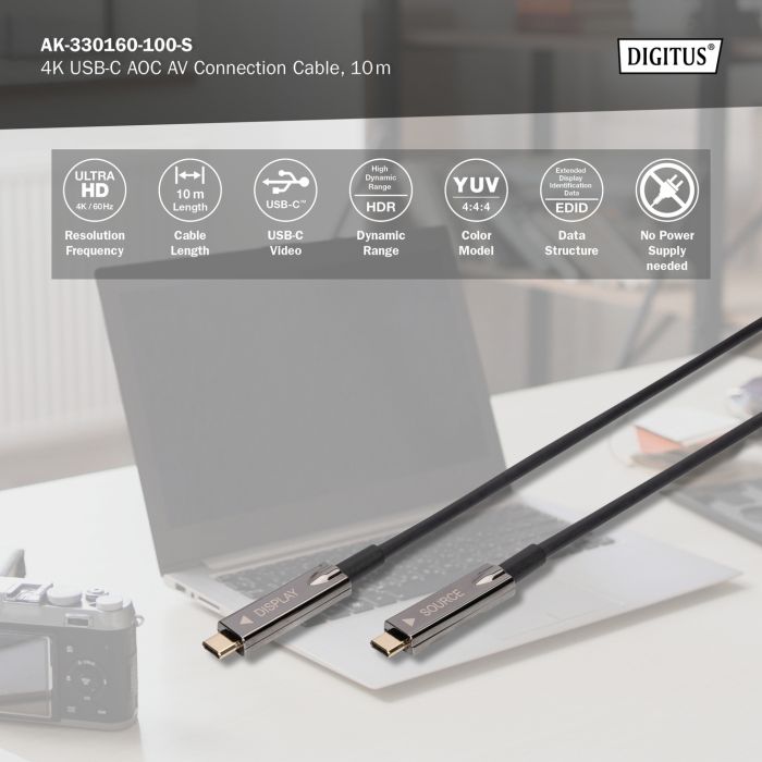 Кабель DIGITUS USB-C UHD 4K, AOC hybrid-fiber, type C M/M, 10м, чорний