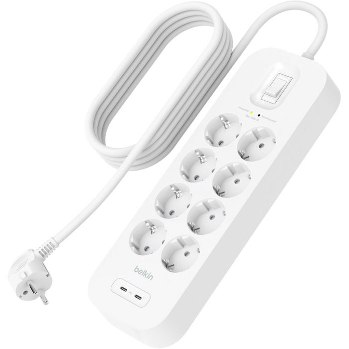 Подовжувач мережевий Belkin 2м, 8хТип, 16А, USB-С/USB-C 30Вт, фільтр, білий