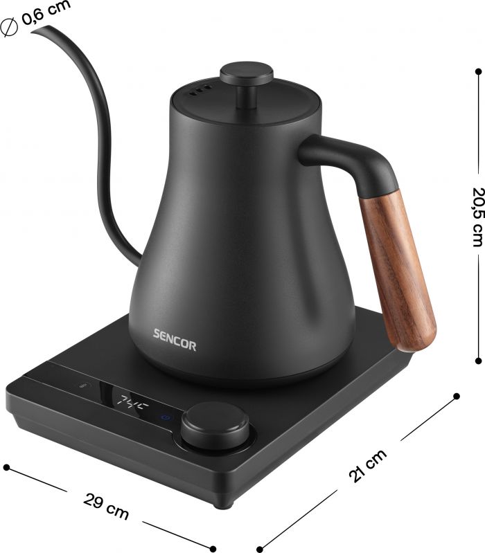Електрочайник Sencor 0.6л, 5 темп.реж, підтримка температури, мех. управління, нержавіюча сталь, чорний