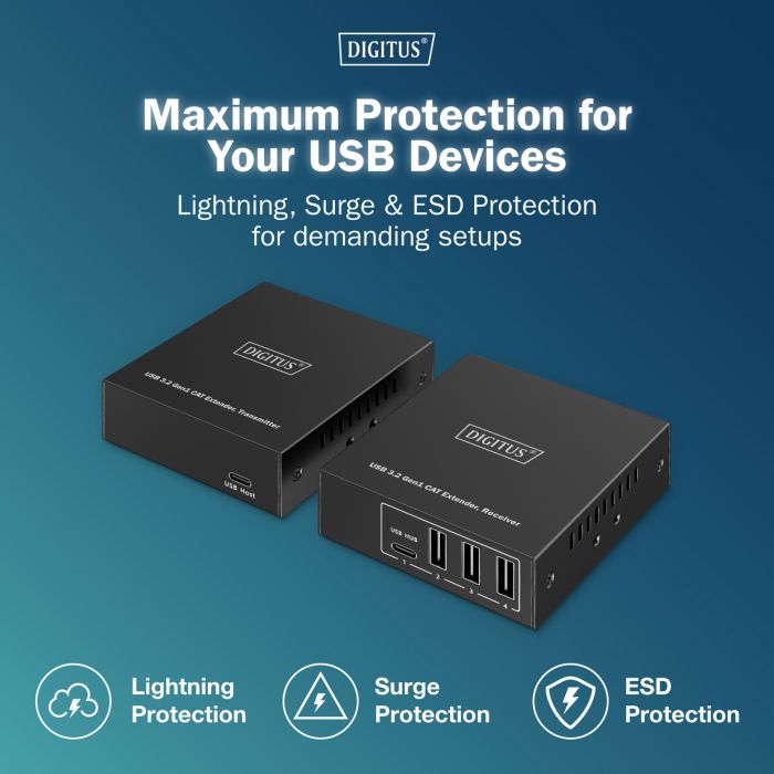 Подовжувач DIGITUS USB 3.2 Gen1, для використання з кабелем Cat6A, до 100 м, 3 х USB-A, 1 x USB-C, чорний