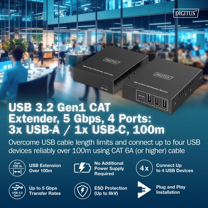 Подовжувач DIGITUS USB 3.2 Gen1, для використання з кабелем Cat6A, до 100 м, 3 х USB-A, 1 x USB-C, чорний