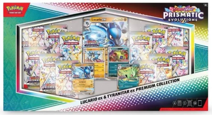 Колекційна карткова гра Pokemon: Scarlet & Violet Prismatic Evolutions. Lucario Ex & Tyranitar Ex Premium Collection Box