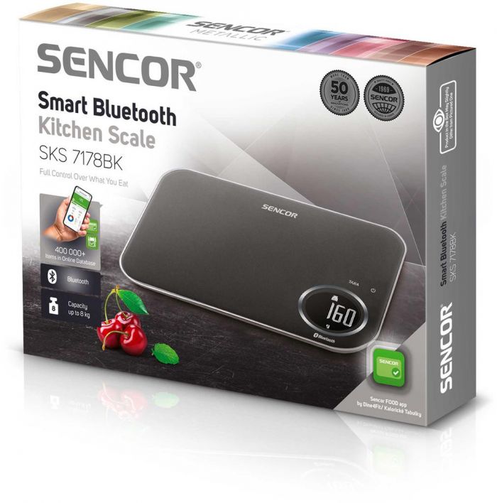Ваги Sencor кухонні, 8кг, підключення до смартфону, AAAx2, пластик, чорний