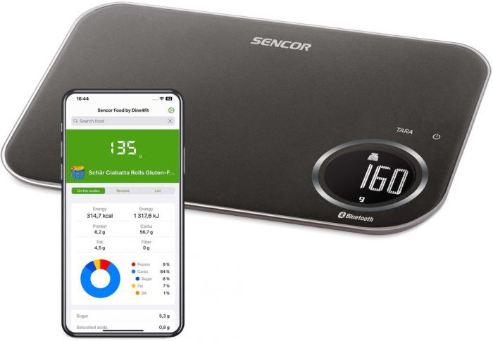 Ваги Sencor кухонні, 8кг, підключення до смартфону, AAAx2, пластик, чорний