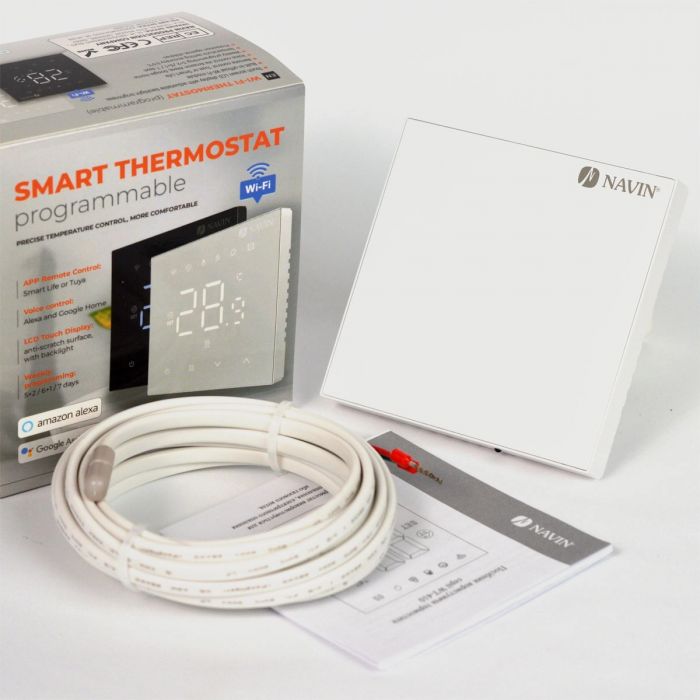 Терморегулятор Navin WT410W-16A 5...35 °C для теплої підлоги електронний Wi-Fi Tuya, Smart Life вбудований дротовий датчик 16A 230В білий