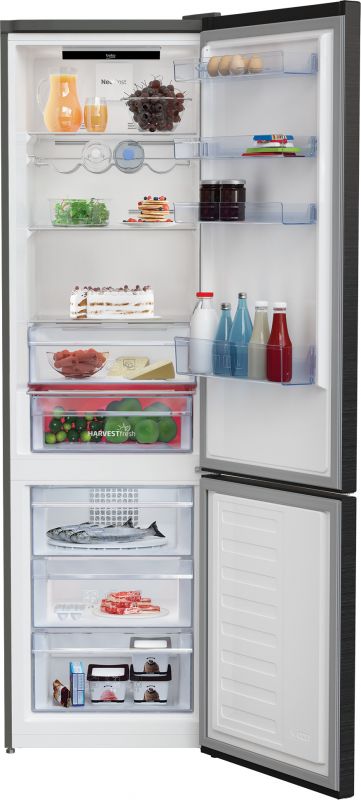 Холодильник Beko з нижн. мороз., 203x60x67, xолод.відд.-253л, мороз.відд.-109л, 2дв., E, NF, дисплей, HarvestFresh, нержавіюча сталь чорного кольору