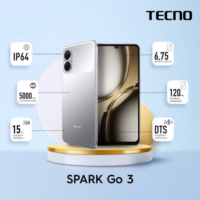 Смартфон TECNO Spark Go 3 (KN3) 6.75" 4/64ГБ, 2SIM, 5000мА•год, Titanium Grey