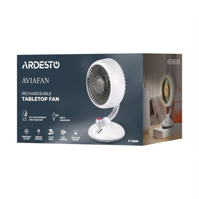 Вентилятор ARDESTO AviaFan FT-F3600W настільний, 12см, акумулятор, підсвічування, USB-A Type-C, білий