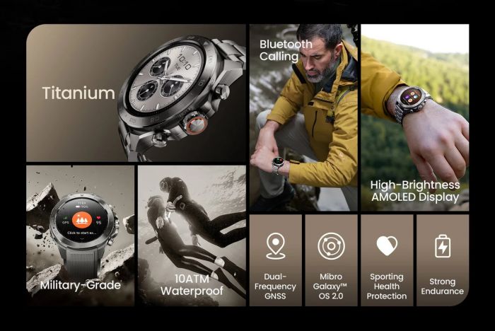 Смарт-годинник Mibro GS Explorer S 48мм, 1.32", 466x466, AMOLED, BT 5.3, Dual-band GPS, 10 ATM, суцільний титан