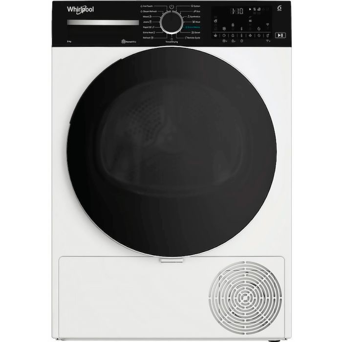 Сушильна машина Whirlpool тепловий насос, 9кг, A+++, 60см, дисплей, люк чорний, білий