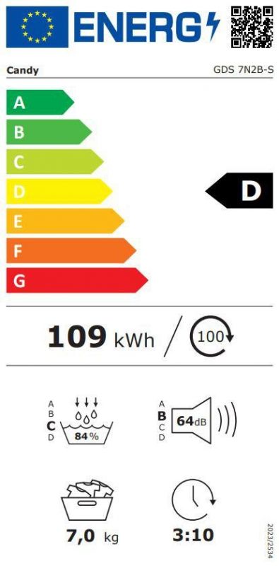 Сушильна машина Candy тепловий насос, 7кг, D, 47см, дисплей, інвертор, люк чорний, білий