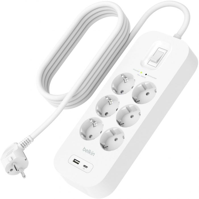 Подовжувач мережевий Belkin 2м, 6хТипF, 16А, USB-A/USB-C 18Вт, фільтр, білий