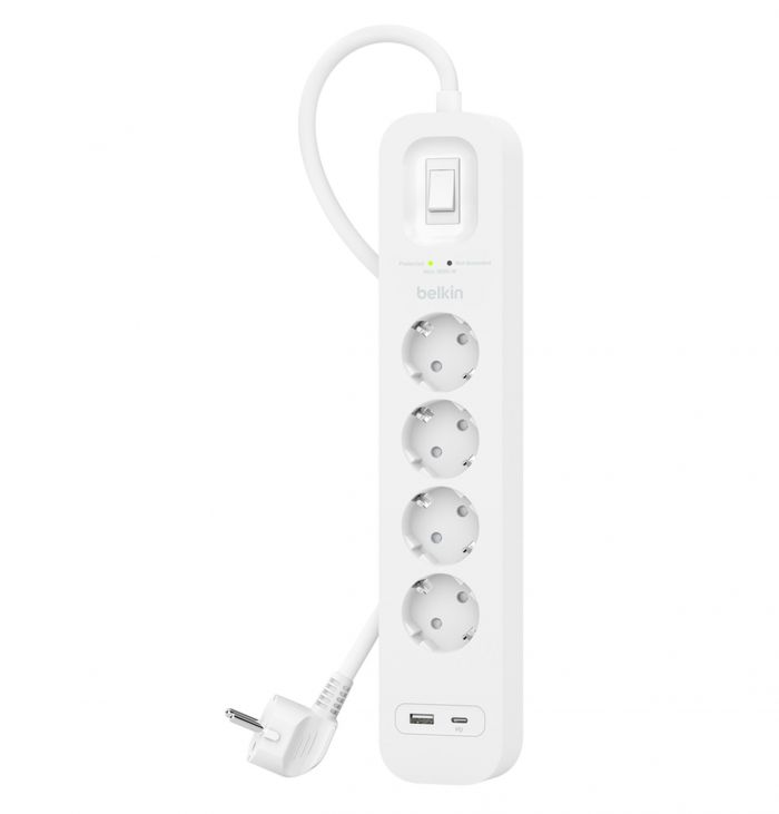 Подовжувач мережевий Belkin 2м, 4хТип, 16А, USB-A/USB-C 18Вт, фільтр, білий