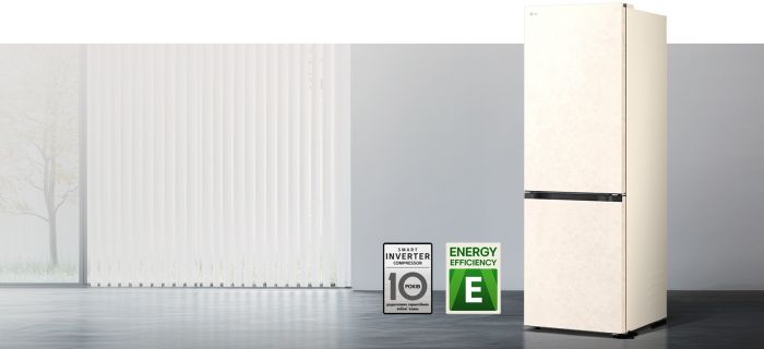 Холодильник LG з нижн. мороз., 203x60х68, холод.відд.-262л, мороз.відд.-113л, 2дв., E, NF, інв., диспл внутр., Fresh Сonverter, Metal Fresh, бежевий