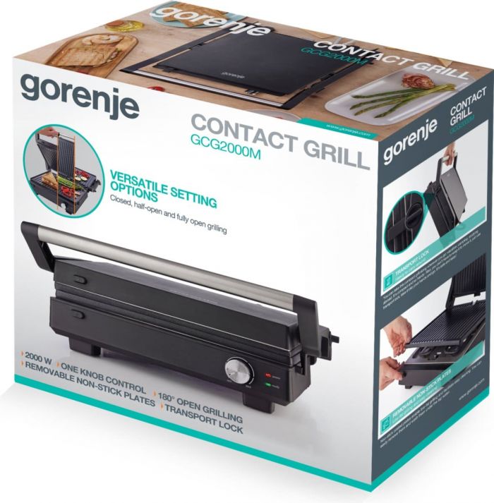 Гриль Gorenje прижимний 2000Вт, темп. режимів-7, з`ємні пластини, розкриття на 180°, метал, чорний