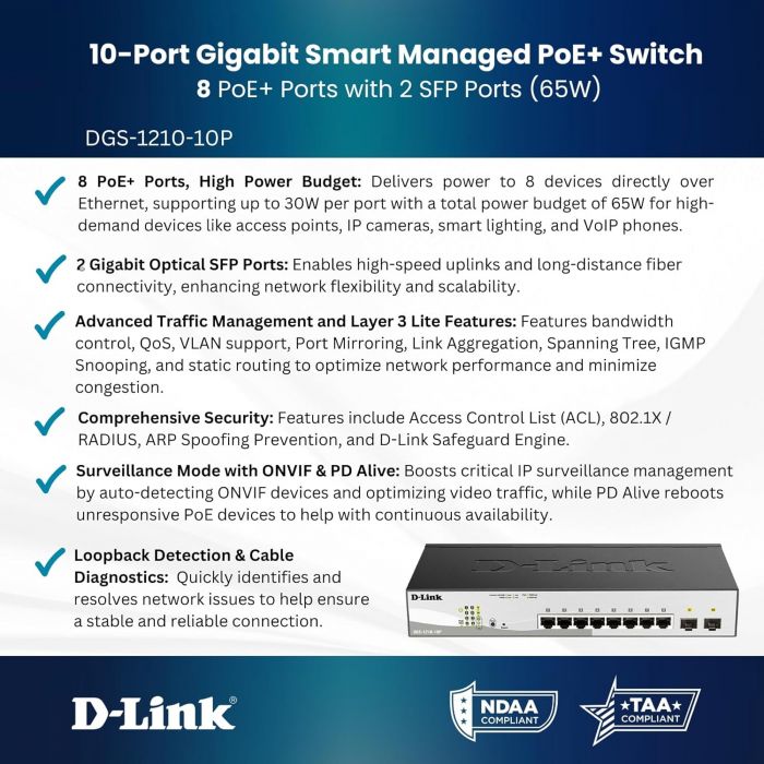 Комутатор D-Link DGS-1210-10P 8xGE PoE, 2xSFP, WebSmart