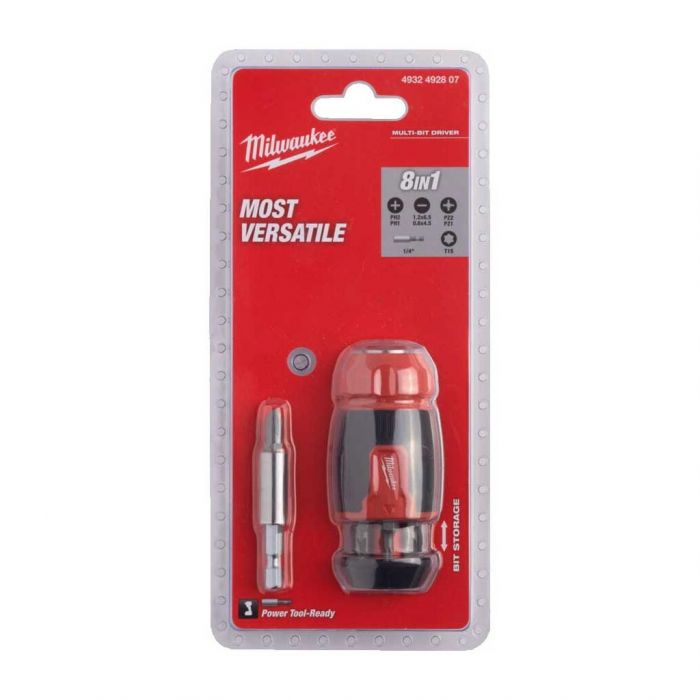 Викрутка Milwaukee, 8 насадок, руків'я двокомпонентне, PH1,PH2,PZ1,PZ2,T15,SL 0.6x4.5,SL 1.2x6.5мм