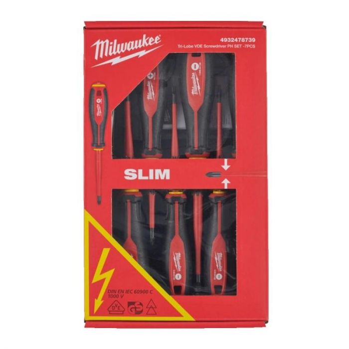 Викрутки Milwaukee ізольовані VDE до 1000В, SL2,5, SL3, SL4, SL5.5, PH1,PH2, викрутка-тестер набір 7шт