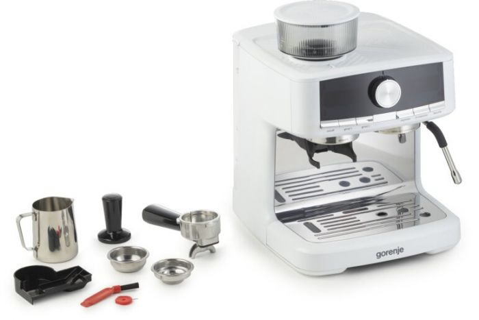 Кавоварка Gorenje ріжкова 2.5л, кавомолка 0,25л, капучинатор, кнопочне керування, білий