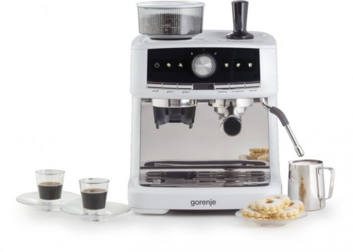 Кавоварка Gorenje ріжкова 2.5л, кавомолка 0,25л, капучинатор, кнопочне керування, білий